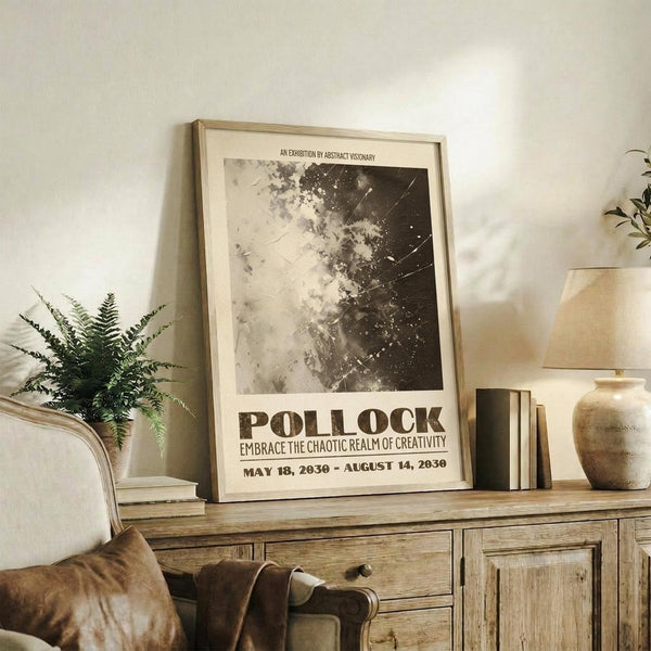 May include: Framed vintage-style exhibition poster with abstract black and white splattered artwork displayed on rustic wooden console table beside fern plant, cream armchair, ceramic vase, and stacked books in neutral-toned living room setting.