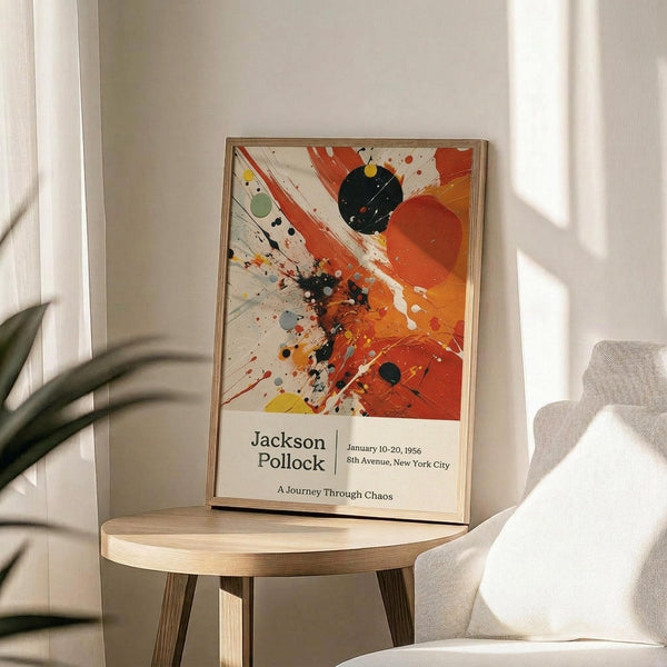 May include: Abstract expressionist art poster in light wood frame displaying vibrant orange, red, and black paint splatters on cream background with exhibition text below. Positioned on round wooden side table next to beige upholstered chair, with plant leaves visible and natural sunlight casting shadows on white wall behind.