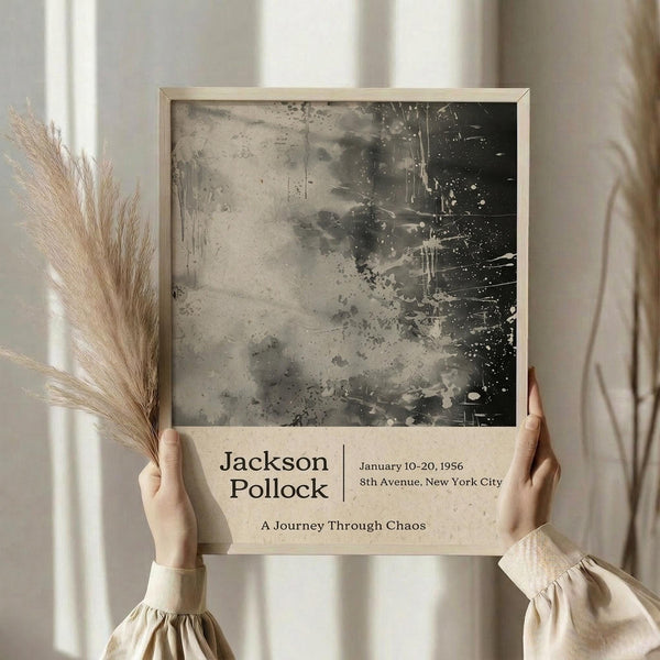 May include: Hands holding a framed poster featuring an abstract black and gray splattered artwork in Jackson Pollock's signature drip painting style. The beige-framed print displays exhibition details including dates and New York City location beneath the artwork. Person wears a cream-colored sweater with gathered cuffs while holding the poster against white curtains, with dried pampas grass visible to the left.