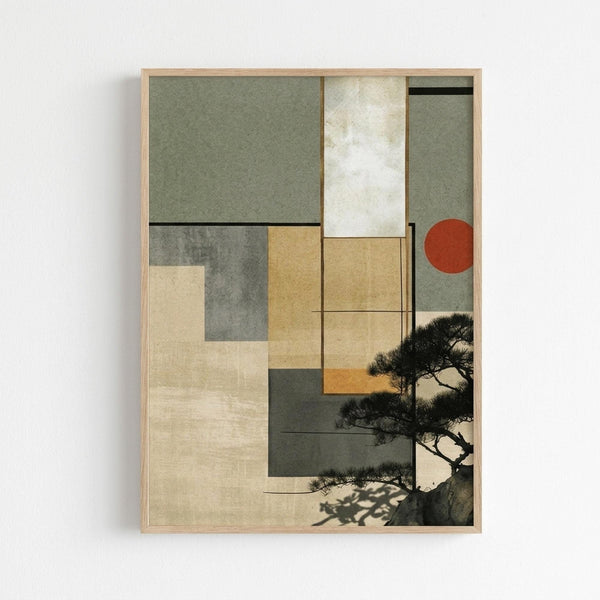 May include: Framed abstract artwork hanging on white wall featuring geometric shapes in sage green, cream, and golden yellow with black lines, combined with silhouette of Japanese pine tree and red circle resembling sun, displayed in light wood frame with natural texture and subtle shadow