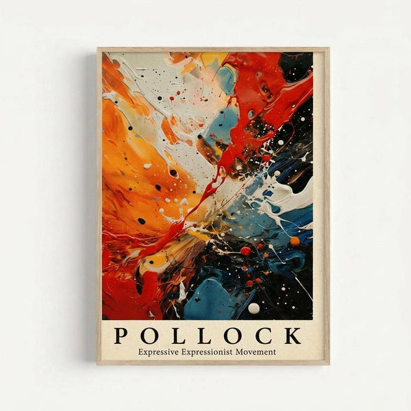 Abstract expressionist artwork featuring dynamic paint splatters and flowing brushstrokes in vibrant orange, red, blue, and black against white canvas. The composition shows energetic movement with paint drips, splashes, and gestural marks characteristic of action painting. Text below reads "POLLOCK Expressive Expressionist Movement" in black letters on cream background. Displayed in light wooden frame against white wall.