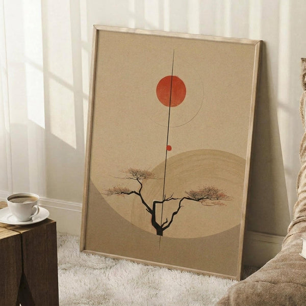 May include: Framed minimalist artwork leaning against white wall featuring orange-red sun, bare tree with delicate branches, and layered beige hills in Japanese-inspired style. Scene shows cozy bedroom setting with white coffee cup on wooden block, cream textured rug, and soft beige bedding with natural window light casting shadows.