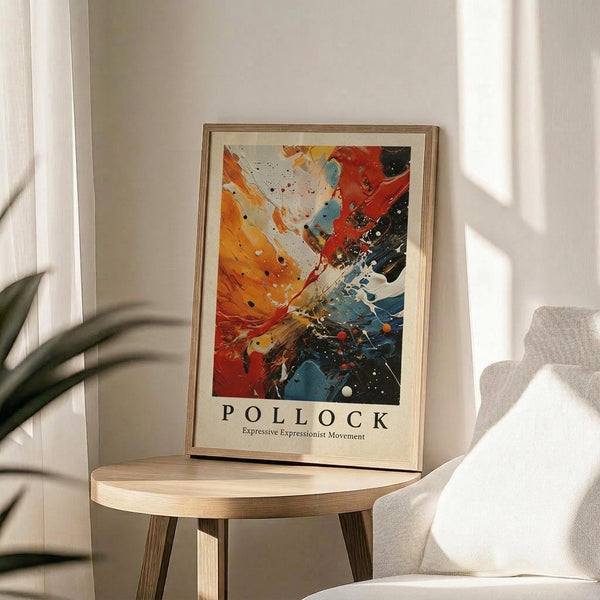 May include: Abstract expressionist art poster with vibrant orange, red, blue and black paint splatters and drips on white background, displayed in thin wooden frame on round wooden side table next to beige upholstered chair, with plant leaves visible in soft natural lighting and neutral wall backdrop.