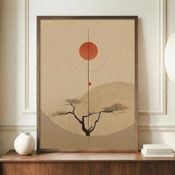 May include: Minimalist Japanese-inspired artwork in wooden frame on walnut credenza, featuring geometric orange sun, curved beige forms, and silhouetted tree against cream background with vertical line element. White ceramic vase and stacked books beside framed print in elegant room with white paneled walls.