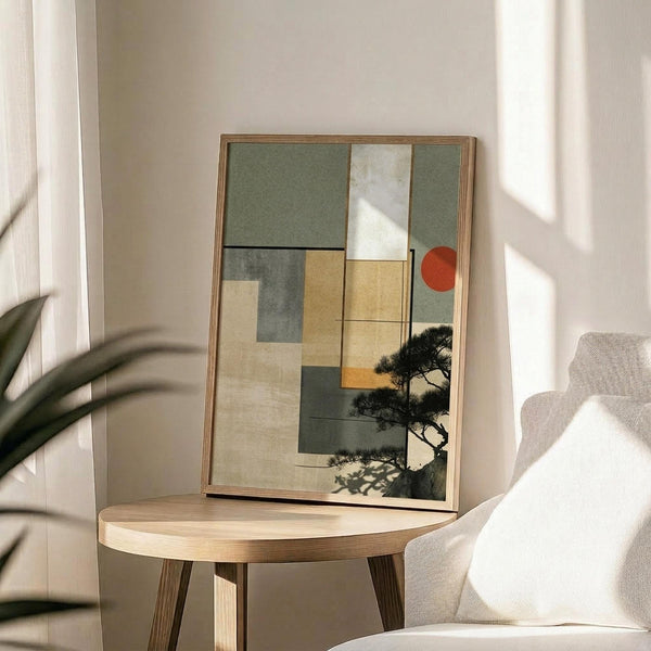 May include: Framed abstract art print featuring geometric shapes in sage green, cream, mustard yellow, and gray with silhouette of windswept pine tree and small red circle accent, displayed on light wood round side table next to beige upholstered chair in bright room with plant shadows on white wall