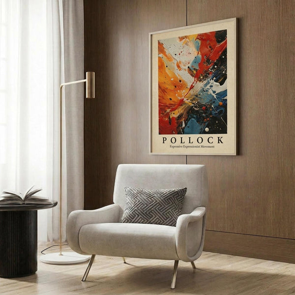 May include: Framed Jackson Pollock abstract art poster with vibrant orange, red, blue and black paint splatters displayed above a cream upholstered armchair with geometric pillow. Modern reading corner features brass floor lamp, dark side table with open book, and warm wood paneled wall. Natural lighting from window with sheer curtains illuminates the contemporary space.