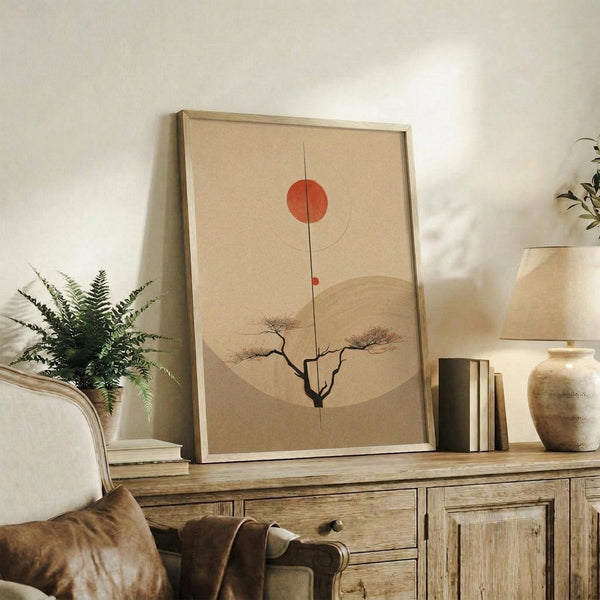 May include: Framed minimalist artwork displaying a red sun, curved line, bare tree silhouette, and beige hills on cream background, positioned on rustic wooden sideboard alongside fern plant, books, ceramic vase, and leather armchair in warm-toned living room setting.
