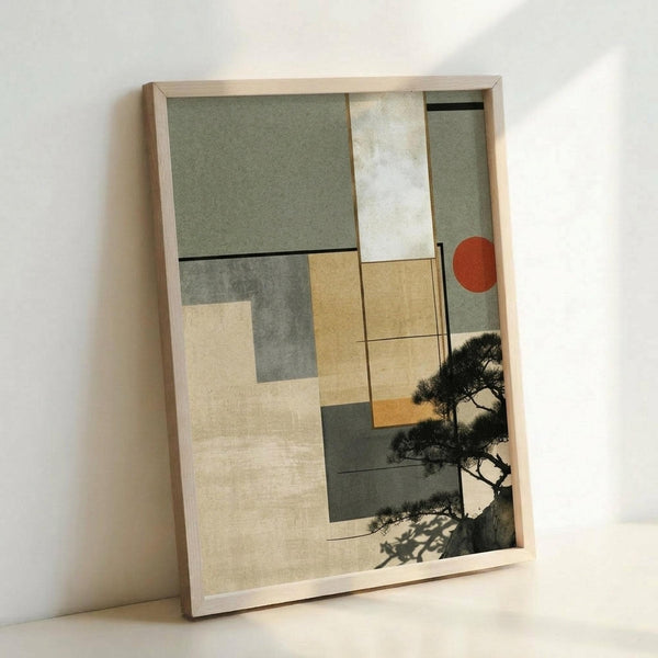 May include: Framed abstract art print featuring geometric shapes in muted green, beige, and gray tones with a black silhouette of a Japanese pine tree in the lower right corner and a small orange circle accent. The artwork is displayed in a light wood frame leaning against a white wall on a light surface, showing how it might look in a modern interior setting.