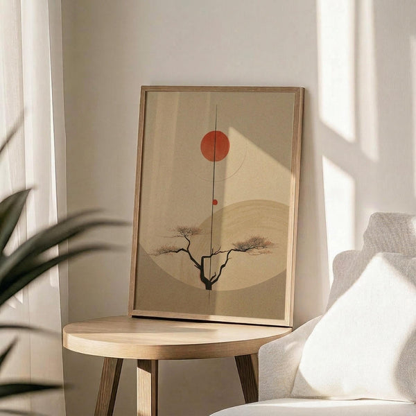 May include: Framed minimalist Japanese-inspired artwork displayed on a round wooden side table next to a beige upholstered chair. The poster features a silhouetted tree beneath geometric shapes including a large cream circle and smaller orange circle against a neutral beige background. Natural sunlight streams across the scene, casting soft shadows from a plant's leaves. The artwork is in a thin wooden frame and sits in a bright, modern living space with white walls.