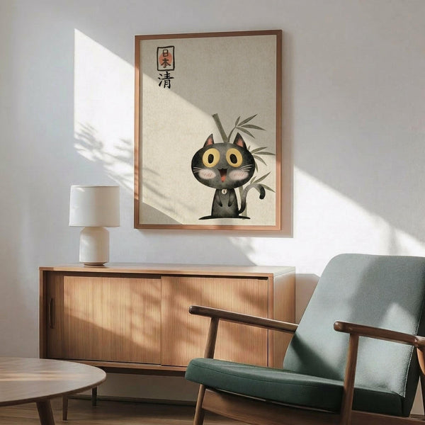 May include: Framed poster featuring a cute black cat with large yellow eyes and small red nose sitting next to bamboo stalks, with Japanese characters above. The artwork has a soft, watercolor-like style on cream background with brown wooden frame. Displayed above a light wood sideboard with white table lamp, next to a mint green mid-century modern armchair. Natural sunlight creates diagonal shadows across the white wall.