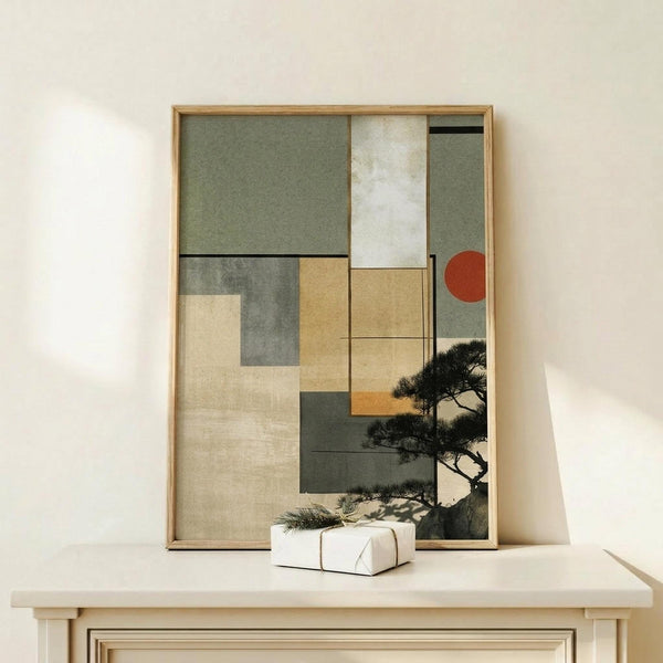 May include: Framed abstract artwork with geometric shapes in sage green, beige, and terracotta tones, featuring a silhouetted pine tree. The piece combines angular blocks of color with organic tree forms and includes a red circular sun element. Displayed on a light wood console table beside a small wrapped gift with natural twine and pine sprig against cream walls.