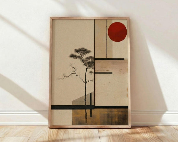 May include: Framed minimalist artwork featuring a delicate black tree with sparse foliage against cream background, accompanied by geometric elements including red circle in upper right, black horizontal lines, and brown rectangular sections. Light wood frame rests against white wall on natural wood flooring with soft window shadows visible.