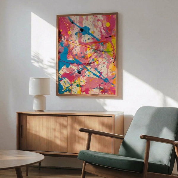 May include: Vibrant abstract artwork with colorful paint splatters and drips in pink, blue, yellow, and red tones, displayed in thin wooden frame above modern walnut credenza. Mid-century modern living room setting with sage green upholstered chair, round wooden side table, white ceramic table lamp, and natural sunlight streaming across white wall.