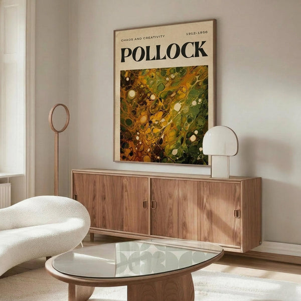 May include: Jackson Pollock abstract art poster with vibrant green, orange and yellow paint splatters and circular forms, displayed above a mid-century modern wooden credenza with sliding doors. Scene shows white curved chair, glass oval coffee table, and minimalist table lamps in a bright contemporary living room with white walls and natural lighting.