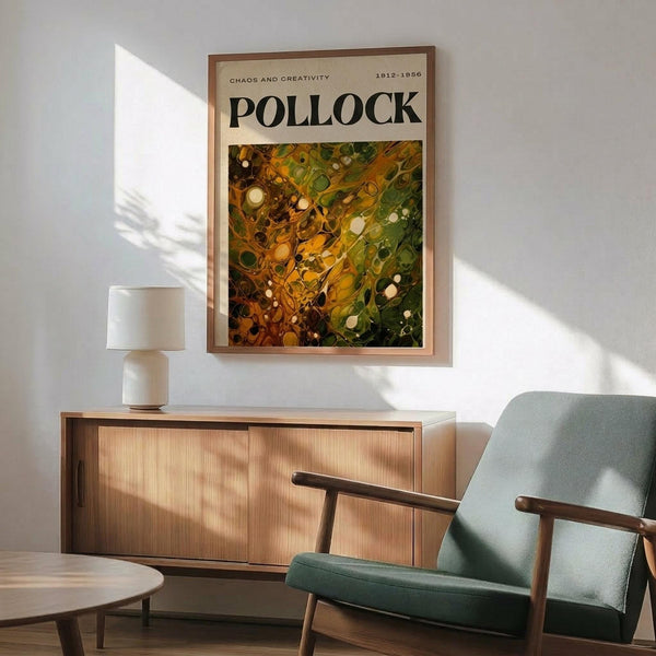 May include: Framed Jackson Pollock abstract art poster with vibrant orange, yellow, and green paint splatters and drips displayed above a mid-century modern wooden credenza with white ceramic lamp. Light blue upholstered armchair with wooden frame sits beside round coffee table in bright, naturally lit living room with white walls and warm wood flooring.