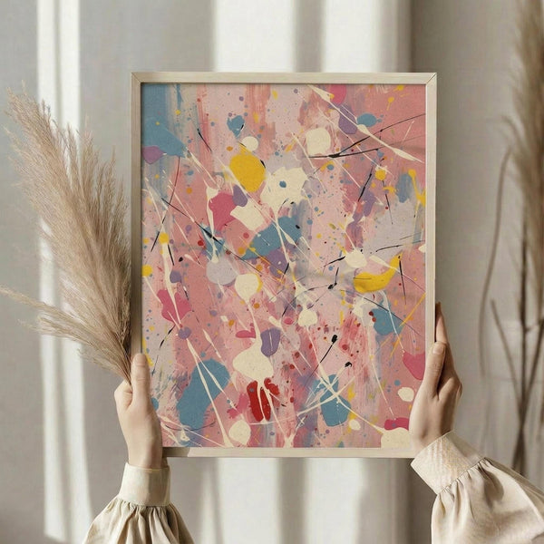 May include: Person holding framed abstract artwork featuring energetic paint splatters and brushstrokes in pink, blue, yellow, and cream tones with black linear elements, displayed in light wooden frame against soft neutral curtains with dried pampas grass visible to the left