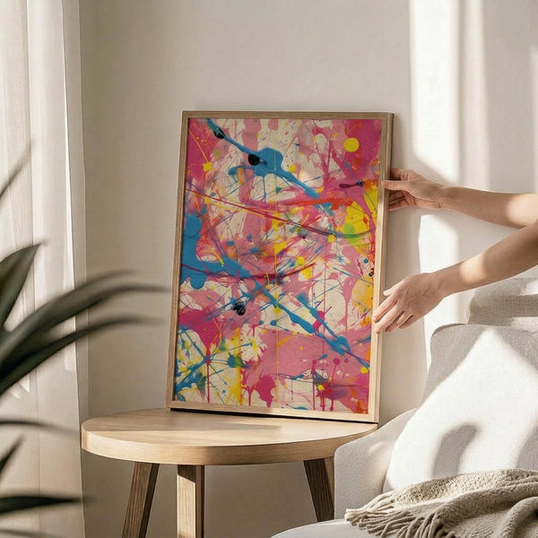 May include: Hands positioning a framed abstract splatter painting with vibrant pink, blue, yellow and red paint drips and splatters on cream background. Artwork sits on round wooden side table next to beige upholstered chair and potted plant in bright, naturally-lit room with white walls and curtains.