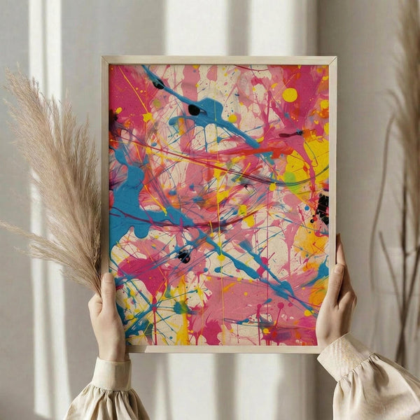May include: Person in cream ruffled sleeves holding a framed abstract expressionist artwork featuring vibrant pink, blue, yellow paint splatters and drips on light background. Dried pampas grass visible to left. Natural lighting through sheer curtains creates soft shadows on neutral wall.