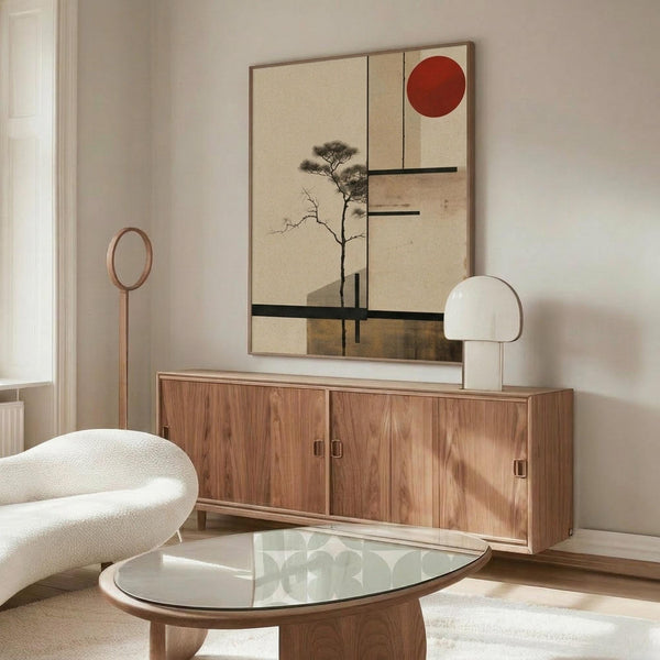May include: Modern living room setting with cream walls featuring an abstract artwork displaying a delicate black tree silhouette against beige background with red circle sun and geometric black lines. Below sits a mid-century walnut credenza with white mushroom table lamp, white curved lounge chair, and oval glass coffee table on wooden base.