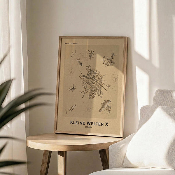 May include: Framed beige poster with abstract black line drawings featuring geometric shapes, dots, and angular forms displayed on a round wooden side table next to a light gray upholstered chair. Natural sunlight creates soft shadows across the minimalist white wall setting, with green plant leaves visible in the corner.