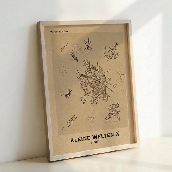 May include: Framed abstract line art print on tan background leaning against white wall. The artwork features intricate black geometric shapes, dots, and linear elements in Kandinsky's distinctive style. Text reads "WASSILY KANDINSKY" at top and "KLEINE WELTEN X (1922)" at bottom. Light wood frame with clean modern appearance, natural lighting creates soft shadows on wall.