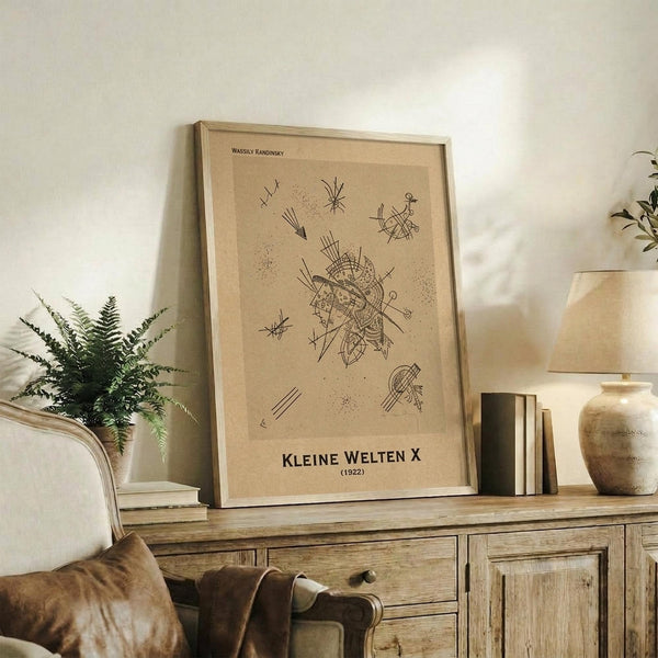 May include: Framed abstract art print with black linear geometric shapes and dots on beige background, displayed on rustic wooden sideboard alongside fern plant, ceramic vase, and books in neutral-toned living room setting with cream chair visible