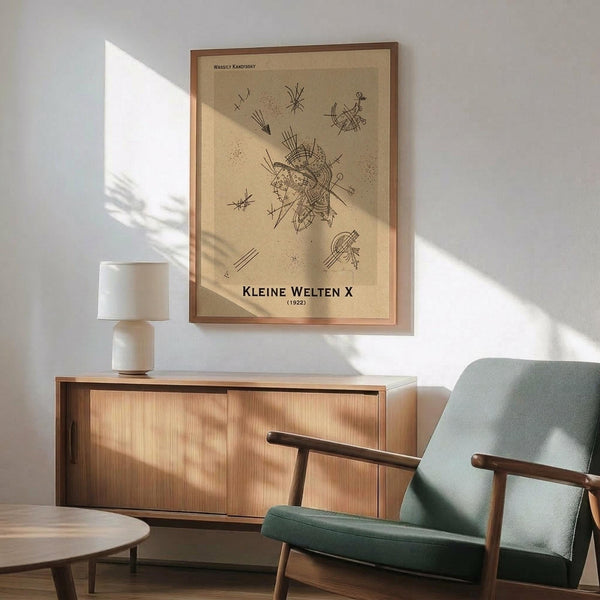 May include: Framed Kandinsky abstract art print with geometric lines and shapes on beige background, displayed above wooden sideboard with white ceramic lamp. Mid-century modern sage green armchair with wooden arms sits nearby. Warm sunlight creates shadows across white wall and wooden furniture in minimalist living room setting.