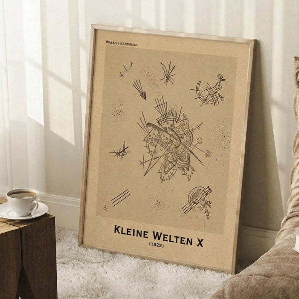 May include: Framed beige art print with black abstract geometric designs and scattered dots, leaning against white wall next to wooden block with coffee cup and saucer, on white textured rug with beige blanket visible at edge