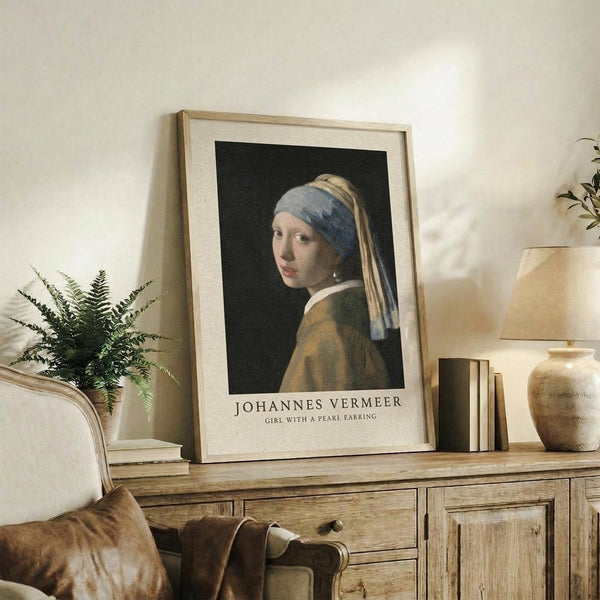 May include: Framed art print of Vermeer's Girl with a Pearl Earring displayed on rustic wooden sideboard in cozy living room setting. Print shows young woman in blue and yellow headwrap with pearl earring against dark background. Warm neutral decor with fern plant, books, ceramic vase, and beige armchair visible.