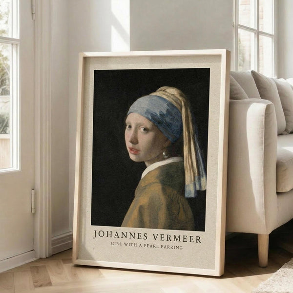 May include: Framed art print of Vermeer's Girl with a Pearl Earring displayed in bright living room with beige sofa. Classic portrait shows young woman in blue and yellow turban with pearl earring against dark background. Light wood frame with white mat, positioned on wooden floor near large windows with natural sunlight streaming in.