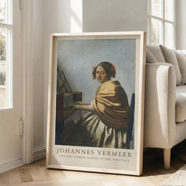 May include: Framed art print of Vermeer's classical painting showing a young woman in golden yellow and white robes seated at a virginal keyboard instrument, displayed in a bright modern living room with beige sofa, white walls, and large windows with natural sunlight streaming across wooden floors.