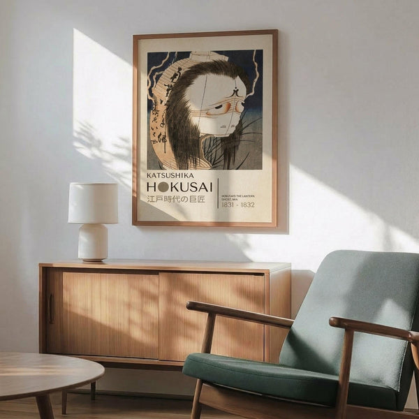 May include: Framed Japanese woodblock print artwork featuring a ghostly female figure with long black hair and pale white face against dark background, displayed above wooden sideboard with white ceramic lamp in modern living room with mint green upholstered armchair and natural lighting casting geometric shadows on white wall.