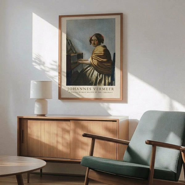 May include: Framed art print of Johannes Vermeer's classical painting showing a young woman in golden yellow and white period dress seated at a virginals keyboard instrument. The poster features warm earth tones with museum-style text below the image. Displayed on white wall above wooden mid-century modern credenza with ceramic table lamp, next to sage green upholstered armchair with wooden frame. Natural sunlight creates diagonal shadows across the minimalist interior scene.