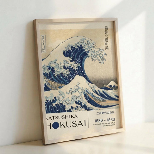 May include: Framed reproduction of Hokusai's famous Great Wave woodblock print displayed against white wall. The artwork shows a large blue wave with white foam threatening small boats, with Mount Fuji visible in background. Modern museum-style poster includes artist name "Katsushika Hokusai" and dates "1830-1833" in contemporary typography below the traditional Japanese artwork. Light wood frame complements the beige and blue color palette.