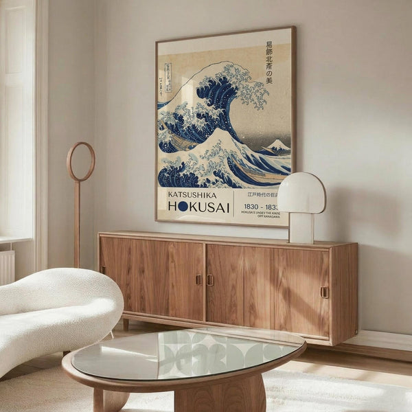 May include: Modern living room with wooden sideboard, white curved chair, glass coffee table, and floor lamp. Wall displays framed poster of famous Japanese wave artwork in blue and cream colors with Mount Fuji in background. Print shows artist name and dates 1830-1831. Minimalist Scandinavian-style decor with warm wood tones and neutral walls.