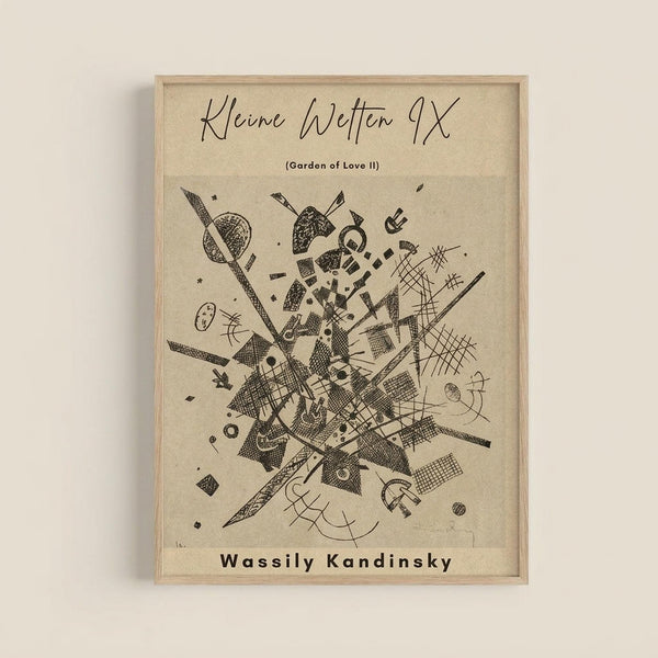 Framed abstract artwork print featuring black geometric shapes, lines, and patterns on cream background. The composition includes intersecting diagonal lines, crosshatched areas, circles, and angular forms in Kandinsky's distinctive style. Text at top reads "Kleine Welten IX" with "Garden of Love II" below, and "Wassily Kandinsky" at bottom. Displayed in light wood frame against neutral wall.