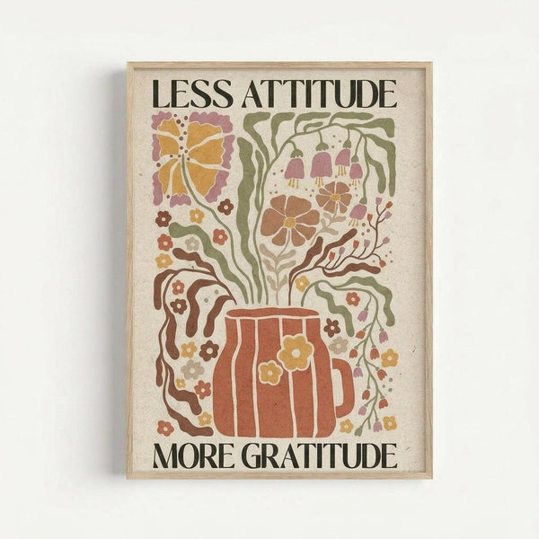 Framed motivational poster with earthy autumn colors featuring a decorative coffee mug with whimsical steam rising and transforming into flowing botanical elements including butterflies, flowers, and vines. The artwork uses warm tones of orange, brown, pink, and green in a folk art illustration style against a cream background, displayed in a light wood frame on a white wall.