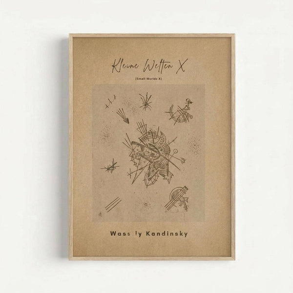 Framed abstract art print featuring geometric line drawings and scattered dots on beige paper. The artwork shows angular, interconnected shapes with radiating lines and small star-like forms distributed across the composition. Text reads "Kleine Welten X" at top and "Wassily Kandinsky" at bottom in dark lettering. The piece is displayed in a light wood frame against a white wall, showing the full poster with its minimalist, modernist design and neutral earth-tone color palette.