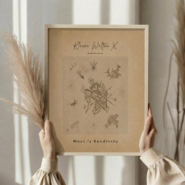 May include: Person holding framed abstract artwork with geometric line drawings on kraft paper background. Features angular, scattered design elements resembling small worlds or cosmic forms. Light wood frame, neutral beige tones throughout. Dried pampas grass visible to left side. Soft natural lighting creates warm, minimalist aesthetic against cream curtained backdrop.