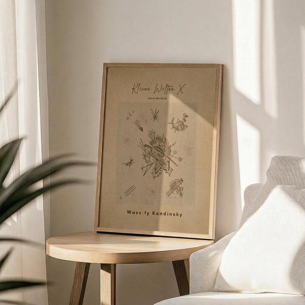 May include: Framed abstract art print with geometric line drawings and text on beige background, displayed on round wooden side table next to white upholstered chair. Natural sunlight creates shadows across the neutral-toned room setting with plant leaves visible in corner.