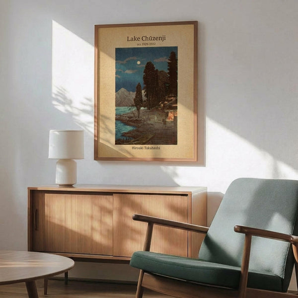 May include: Framed vintage Japanese woodblock print artwork showing a moonlit lake scene with mountains, trees, and traditional buildings in blues and greens. Displayed above a mid-century modern wooden credenza with white ceramic lamp, next to a sage green upholstered armchair with wooden frame. Natural sunlight creates shadows across white wall and wooden furniture in contemporary living room setting.