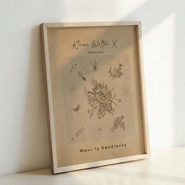 May include: Framed abstract artwork by Wassily Kandinsky titled "Small Worlds X" displayed against a white wall. The print features geometric lines, dots, and angular shapes in black ink on tan paper, housed in a light wood frame. The composition shows dynamic intersecting lines radiating from central forms with scattered dotted elements throughout.