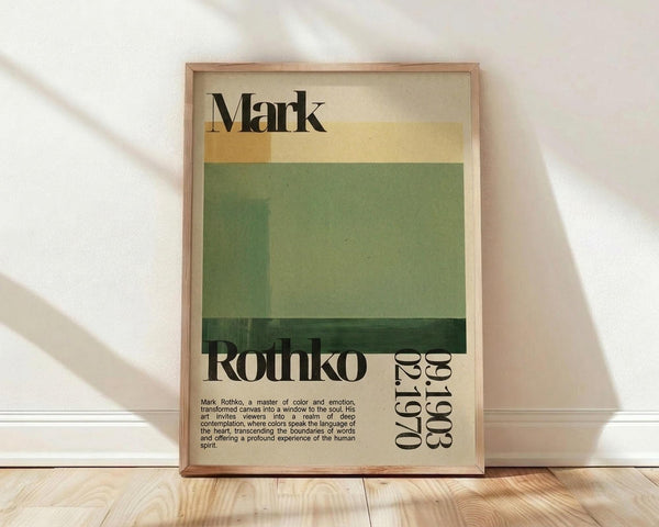 May include: Framed poster print with vintage-inspired design featuring horizontal color blocks in cream, yellow, and green tones. Large black serif text displays "Mark Rothko" with birth and death dates "09.1903 02.1970". Includes descriptive paragraph about the artist's work with colors and emotion. Natural wood frame sits against white wall on light wooden floor with soft shadows.
