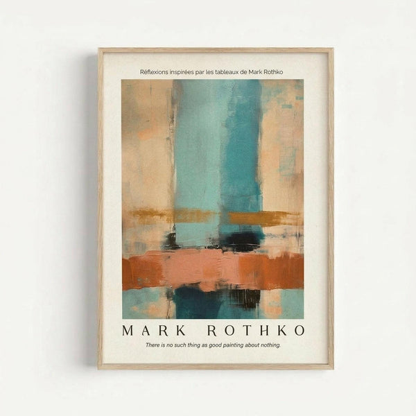 May include: Framed abstract art print in light wood frame hanging on white wall. Artwork features soft rectangular color blocks in teal blue, coral orange, cream, and black with painterly brushstrokes and blended edges. White matting surrounds the image with "MARK ROTHKO" text and quote below the artwork.