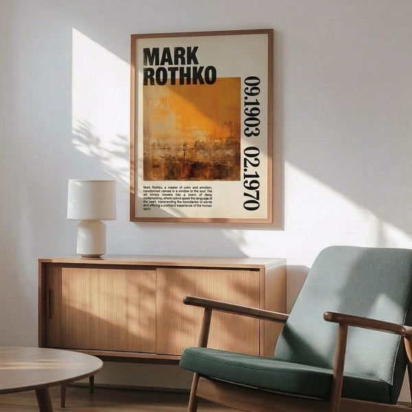 May include: Framed Mark Rothko exhibition poster with orange and brown abstract artwork hanging above wooden sideboard. Modern living room setting features mint green upholstered armchair with wooden arms, white ceramic table lamp, and round coffee table. Warm natural lighting creates shadows on white wall. Mid-century modern furniture styling with clean lines and natural wood tones.