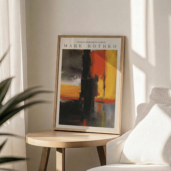May include: Abstract expressionist artwork poster in thin wooden frame displayed on round wooden side table next to beige upholstered chair. The artwork features bold vertical blocks of yellow, orange, red and dark colors with soft edges. Natural sunlight streams across white walls creating geometric shadows, with green plant leaves visible in corner of bright, minimalist room setting.
