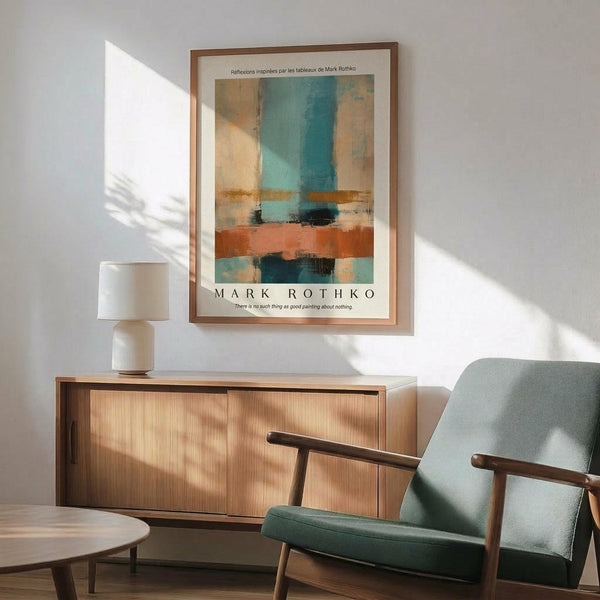 May include: Abstract art print in wooden frame hanging above mid-century modern credenza with white ceramic lamp. Features mint green chair with wooden arms in sunlit room. Artwork shows soft blocks of teal, orange, cream and brown colors in Rothko's signature style. Natural lighting creates geometric shadows on white wall.