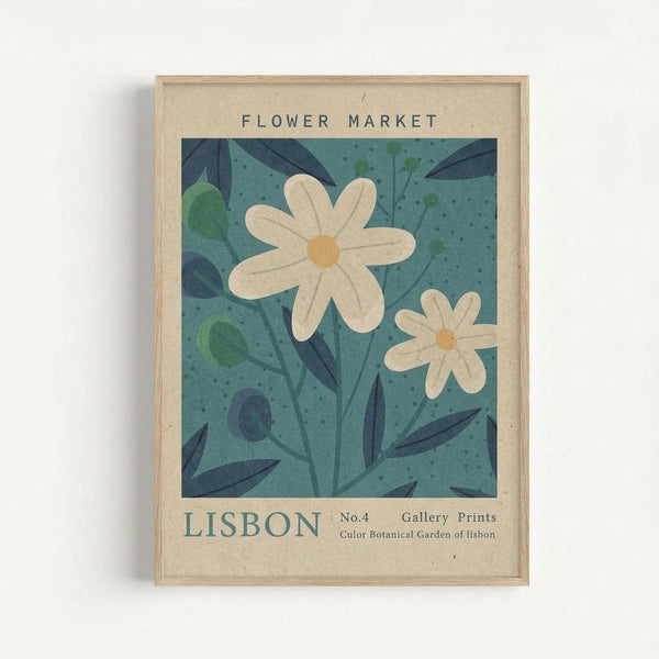 May include: Framed botanical poster print hanging on white wall featuring two white daisy flowers with yellow centers against teal-green background with dark blue leaves and foliage. Text reads "FLOWER MARKET" at top and "LISBON No.4 Gallery Prints Color Botanical Garden of lisbon" at bottom. Light wood frame with beige matting, vintage-inspired illustration style with textured, artistic finish.