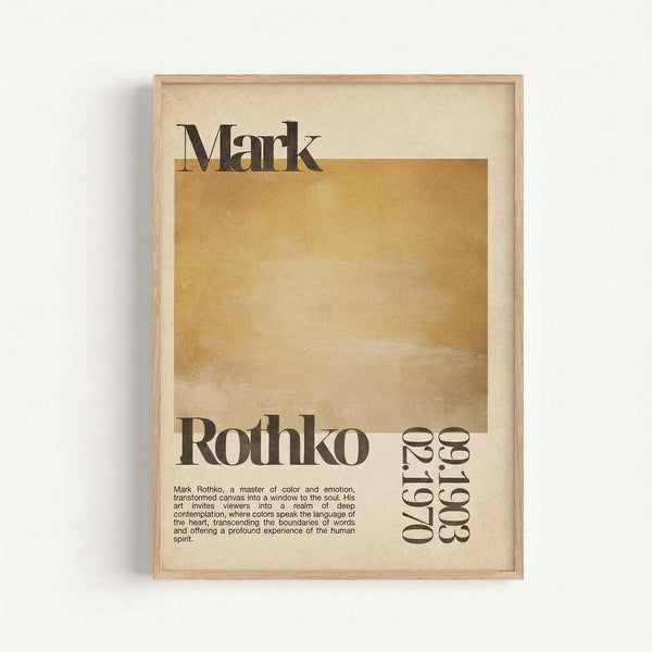 Framed vintage-style art poster featuring Mark Rothko's name in large black serif typography above a golden yellow abstract color field painting. Below the artwork is "Rothko" in bold letters with exhibition dates "02.1970" and "09.1963" vertically aligned on the right. Descriptive text about the artist appears in the lower left corner. The poster has a cream background with natural wood frame, displayed against a white wall.