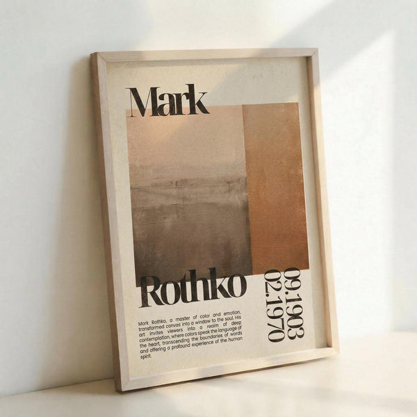 May include: Framed poster print featuring abstract geometric shapes in warm earth tones - beige, tan, and orange rectangular blocks. Black text displays "Mark Rothko" at top and "1903-1970" vertically on right side. Small descriptive paragraph about the artist appears at bottom. Light wood frame sits against white wall on neutral surface, showing gallery-style presentation.